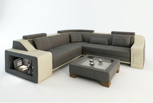 Sofá de esquina de cuero y textil con USB, acolchado, conjunto de salón en forma de L, asiento Isching.