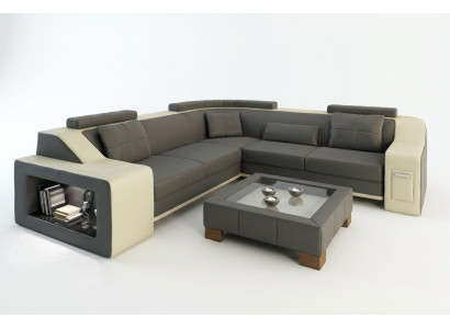 Sofá de esquina de cuero y textil con USB, acolchado, conjunto de salón en forma de L, asiento Isching.