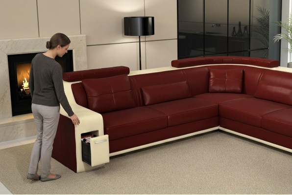 Ecksofa de cuero y textil con puerto USB, juego de muebles tapizados para sala de estar en forma de L.