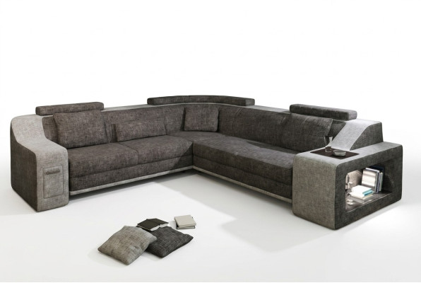 Sofá esquinero de cuero y textil con USB, conjunto de sala en L, tapizado Sitz Isching.
