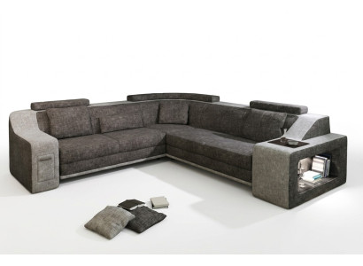 Sofá esquinero de cuero y textil con USB, conjunto de sala en L, tapizado Sitz Isching.