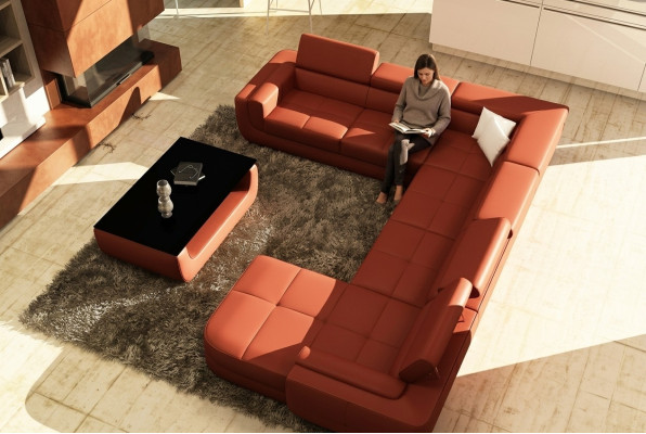 Sofá de cuero tapizado + USB, sofá grande en forma de U de color naranja con chaise longue.