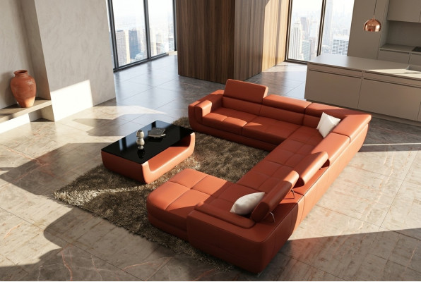 Sofá de cuero tapizado + USB, sofá grande en forma de U de color naranja con chaise longue.