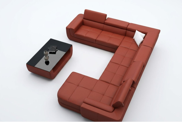 Sofá de cuero tapizado + USB, sofá grande en forma de U de color naranja con chaise longue.