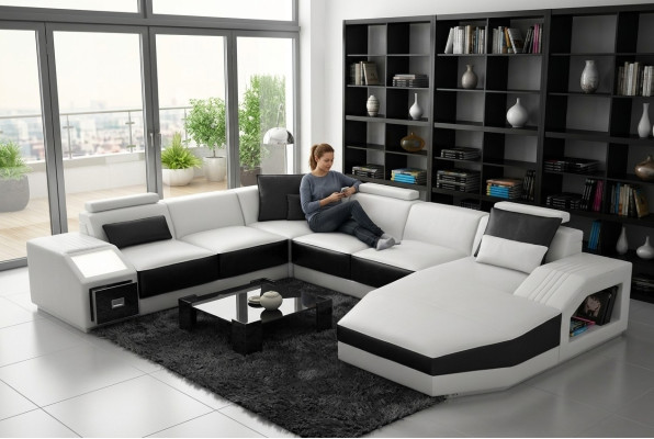 Sofá de esquina de diseño con USB, almohadilla de asiento en forma de U, blanco PHM110.