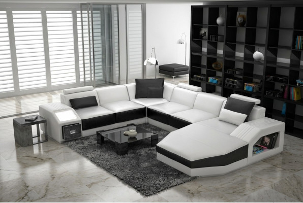 Sofá de esquina de diseño con USB, almohadilla de asiento en forma de U, blanco PHM110.