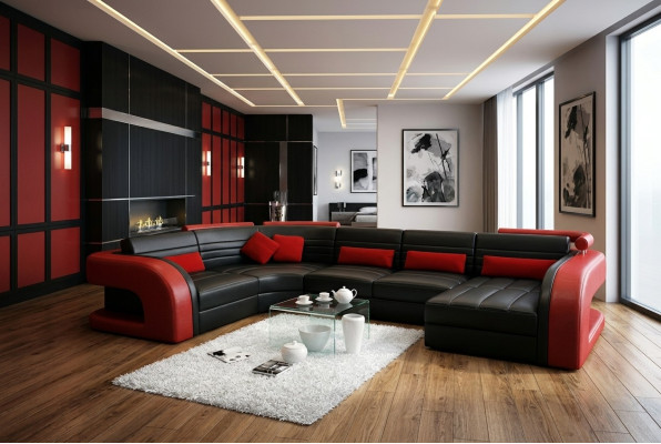 Sofá de cuero USB conjunto de sala de estar, esquinero, sofá en forma de U, Bergamo.