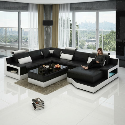 Sofá de cuero esquinero con puerto USB, conjunto de diseño, sofá seccional, asiento acolchado Ulm.