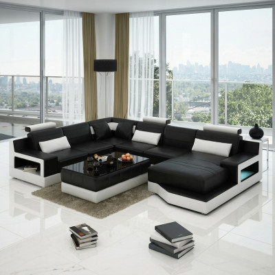 Sofá de cuero esquinero con puerto USB, conjunto de diseño, sofá seccional, asiento acolchado Ulm.