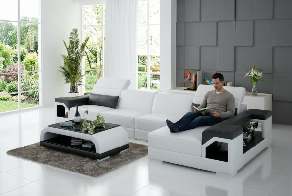 Conjunto de sofás Sofá moderno Esquina Sala de estar de cuero Almohadones USB