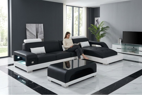 Sofá de esquina de cuero con USB, conjunto de sofás de lujo, sofás de esquina, sofá-cama convertible.