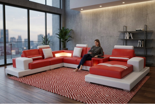 Sofá de cuero Sofá Grupo de muebles de diseño moderno en forma de U con luz USB