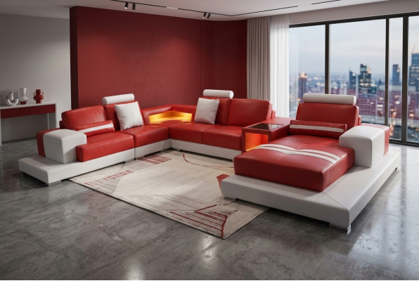 Sofá de cuero Sofá Grupo de muebles de diseño moderno en forma de U con luz USB