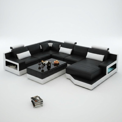 Sofá de cuero en forma de L + conjunto de USB, sofá de esquina, sofá en forma de U, diseño de sofá de salón.