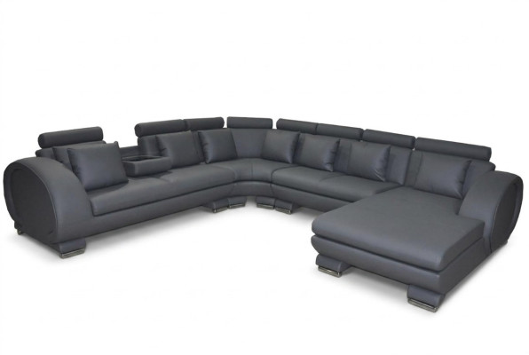 Sofá de esquina de cuero con puerto USB, asientos acolchados, diseño de salón en forma de U, conjunto XXL.