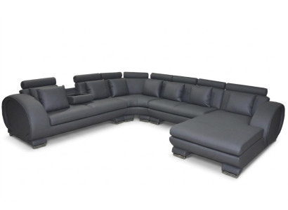 Sofá de esquina de cuero con puerto USB, asientos acolchados, diseño de salón en forma de U, conjunto XXL.