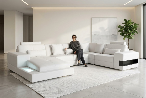 Sofá de cuero Sofa Paisaje de vida conjunto de esquina Diseño de sofá moderno en forma de U con USB