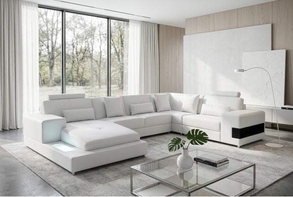 Sofá de cuero Sofa Paisaje de vida conjunto de esquina Diseño de sofá moderno en forma de U con USB