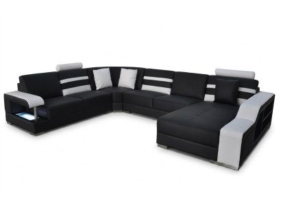 Sofá de esquina con asientos acolchados USB en cuero Sofás Conjunto de sofás Sala de estar.