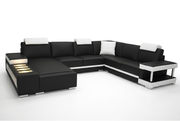 Sofá de esquina de cuero de diseño con USB, paisaje de esquina de cuero grande para la sala de estar.