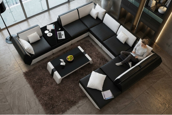 XXL Juego de sala con sofá de cuero, diseño acolchado, conjunto de sofá esquinero, sofá grande + USB
