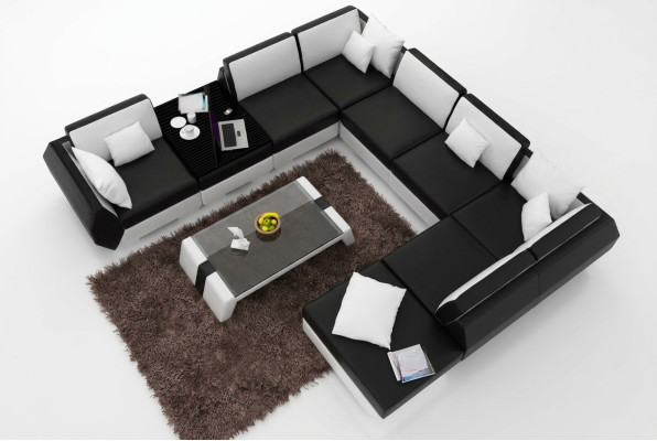 XXL Juego de sala con sofá de cuero, diseño acolchado, conjunto de sofá esquinero, sofá grande + USB