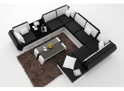 XXL Juego de sala con sofá de cuero, diseño acolchado, conjunto de sofá esquinero, sofá grande + USB