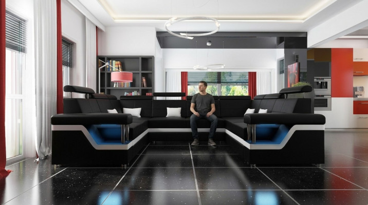Sofá de cuero con USB Big XXL Sofá esquinero Sofá de salón Sofá Tapizado Asiento LED