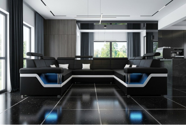 Sofá de cuero con USB Big XXL Sofá esquinero Sofá de salón Sofá Tapizado Asiento LED