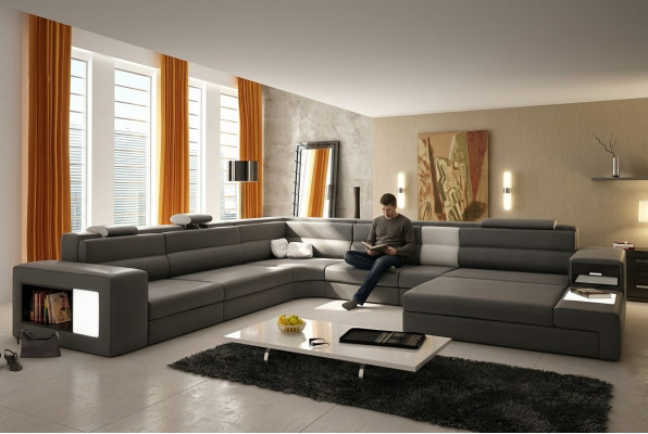 Sofá de esquina acolchado con sofá USB conjunto de esquinero de sala de estar de cuero textil sofá