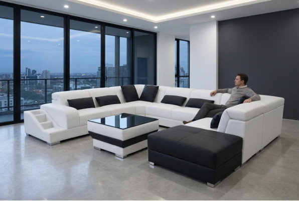 Sofá de esquina de cuero, conjunto de sofá de diseño moderno con luces LED USB ottoman