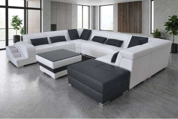 Sofá de esquina de cuero, conjunto de sofá de diseño moderno con luces LED USB ottoman