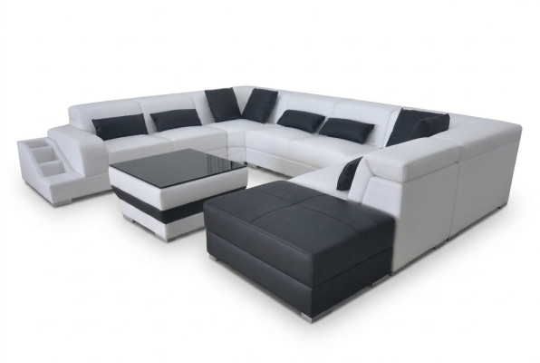 Sofá de esquina de cuero, conjunto de sofá de diseño moderno con luces LED USB ottoman