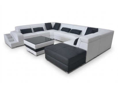 Sofá de esquina de cuero, conjunto de sofá de diseño moderno con luces LED USB ottoman