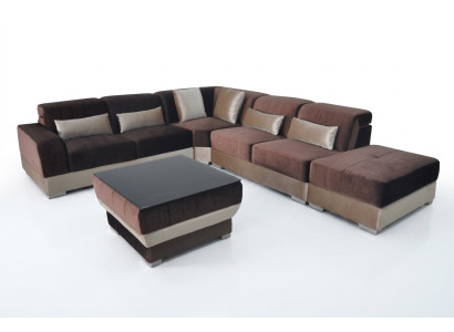 Sofá de esquina de cuero, conjunto de salón de diseño de sofá marrón + mesa con USB LED.
