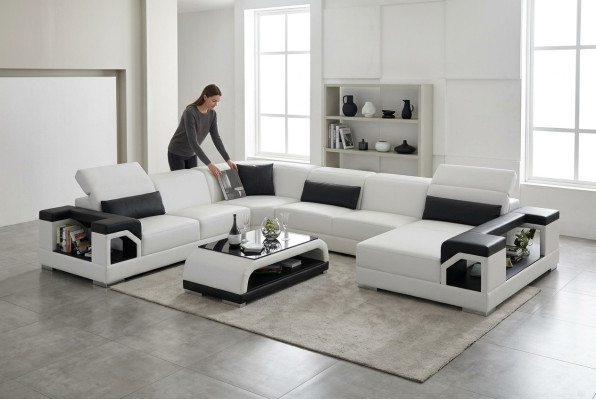 Mueble tapizado de esquina con sofá de esquina y puerto USB, paisaje de cuero con juego de muebles.
