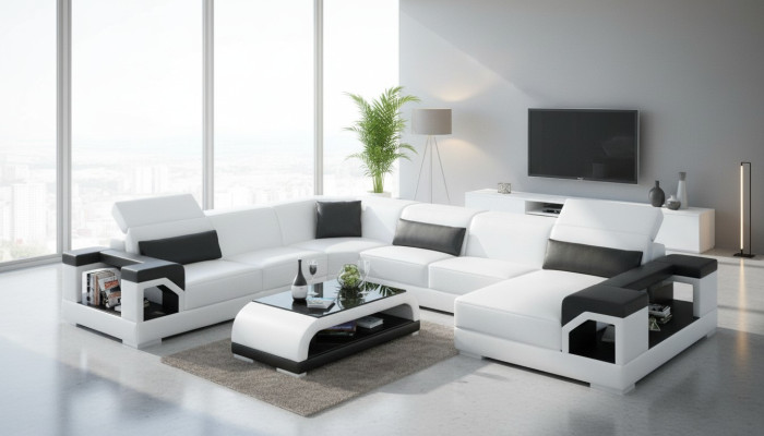 Mueble tapizado de esquina con sofá de esquina y puerto USB, paisaje de cuero con juego de muebles.