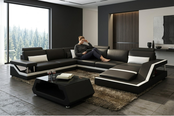 Sofá de diseñador esquinero, sofá en forma de L, sofá de esquina, lote de living grande, sofá moderno de cuero con USB patentado NUEVO.