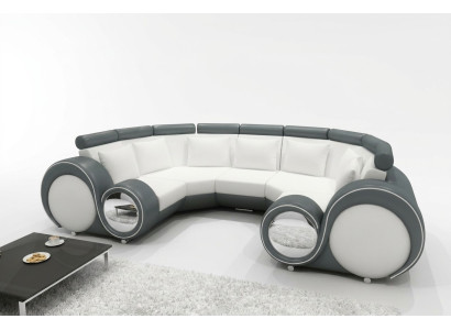 XXL sala de estar con sofá de cuero con diseño USB, juego de tapicería, sofá esquinero grande.
