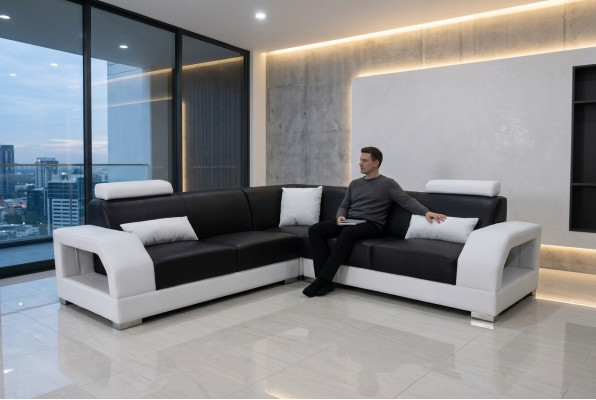 XXL sofá de esquina + USB, conjunto de paisaje de sala de cuero diseño moderno sofá en forma de L G8001B
