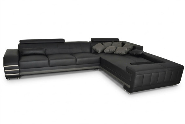 Sofá de esquina de cuero + juego de asientos tapizados con puerto USB, diseño de salón en forma de L XXL.