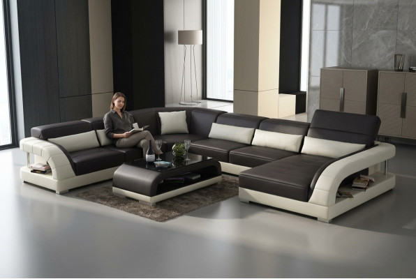 Conjunto de muebles de salón esquinero con sofá y puerto USB, tapizado en cuero.