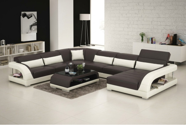 Conjunto de muebles de salón esquinero con sofá y puerto USB, tapizado en cuero.