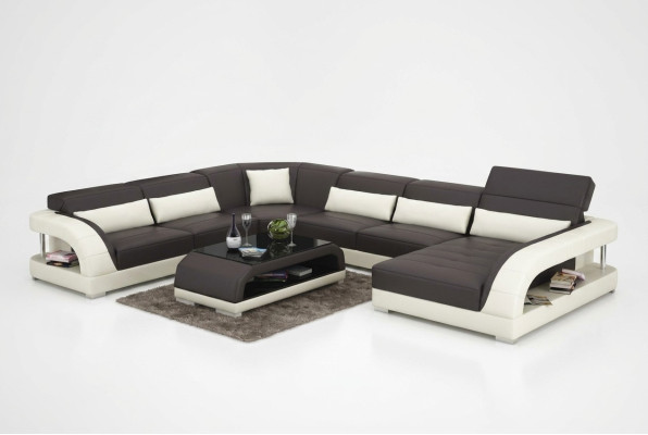 Conjunto de muebles de salón esquinero con sofá y puerto USB, tapizado en cuero.