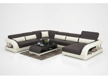 Conjunto de muebles de salón esquinero con sofá y puerto USB, tapizado en cuero.