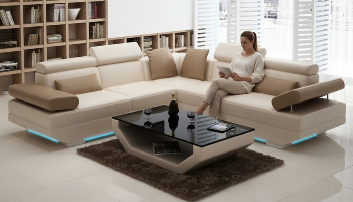 Sofá de cuero con USB, sofá en forma de L con diseño moderno.