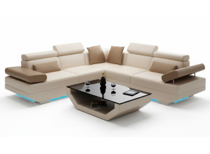 Sofá de cuero con USB, sofá en forma de L con diseño moderno.