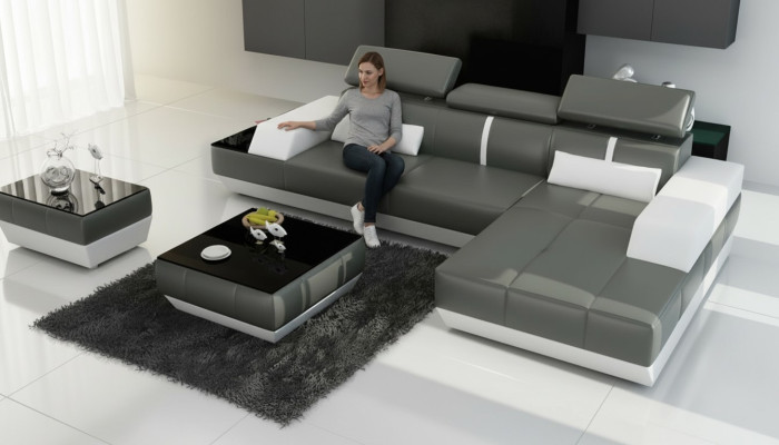 Sofá de cuero con USB, sofá de esquina moderno con diseño de salón conjunto de sofá K5015C.
