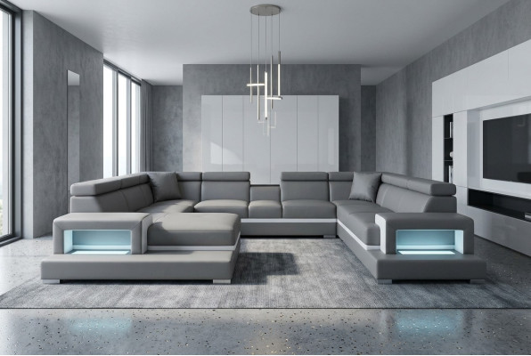 Sofá de esquina acolchado moderno con asientos acolchados, USB y luz para la sala de estar.