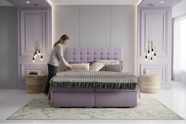 Juego completo de colchón y cubrecolchón cama boxspring rosa tapizado 180x200cm